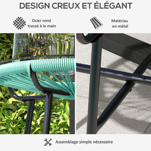 Table basse ronde de jardin en résine aspect rotin métal et plateau verre trempé Ø 50 x 50 cm vert