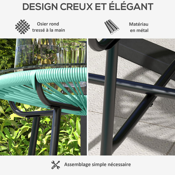 Table basse ronde de jardin en résine aspect rotin métal et plateau verre trempé Ø 50 x 50 cm vert