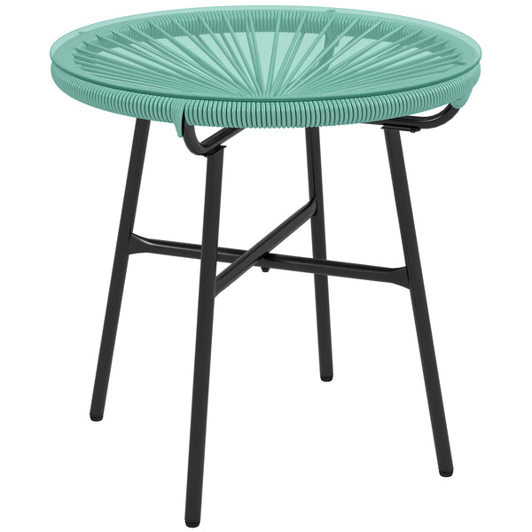 Table basse ronde de jardin en résine aspect rotin métal et plateau verre trempé Ø 50 x 50 cm vert