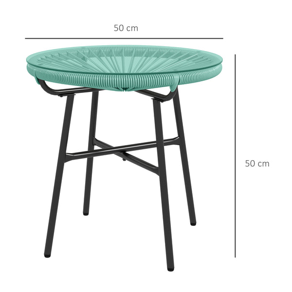 Table basse ronde de jardin en résine aspect rotin métal et plateau verre trempé Ø 50 x 50 cm vert