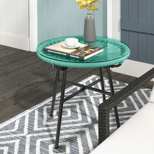 Table basse ronde de jardin en résine aspect rotin métal et plateau verre trempé Ø 50 x 50 cm vert