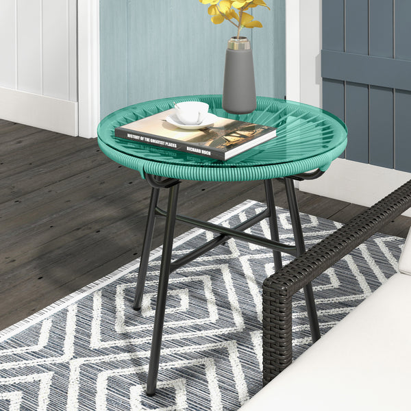 Table basse ronde de jardin en résine aspect rotin métal et plateau verre trempé Ø 50 x 50 cm vert