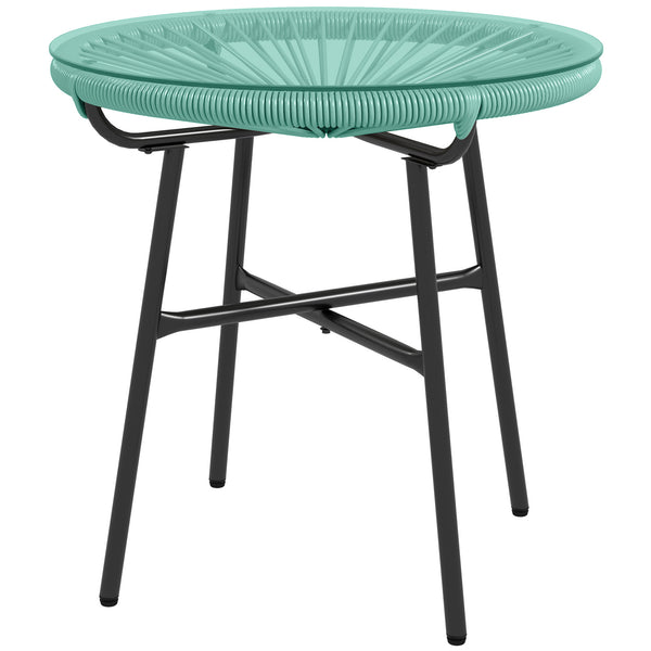 Table basse ronde de jardin en résine aspect rotin métal et plateau verre trempé Ø 50 x 50 cm vert