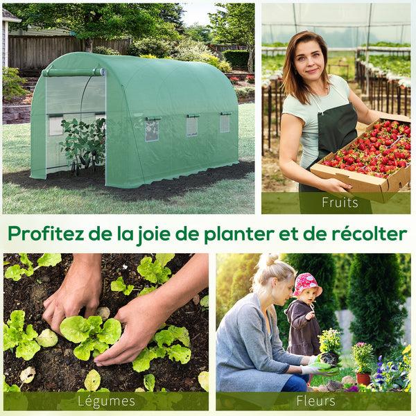 Serre de Jardin Tunnel Surface Sol 8 m² 4L x 2l x 2,05H m châssis Tubulaire renforcé Porte zippée 6 fenêtres enroulables Vert