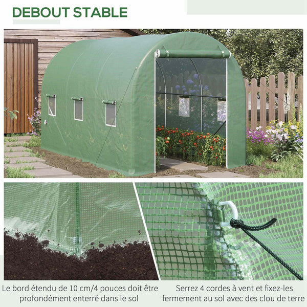 Serre de Jardin Tunnel Surface Sol 8 m² 4L x 2l x 2,05H m châssis Tubulaire renforcé Porte zippée 6 fenêtres enroulables Vert