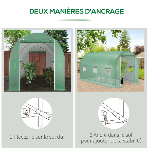 Serre de Jardin Tunnel Surface Sol 8 m² 4L x 2l x 2,05H m châssis Tubulaire renforcé Porte zippée 6 fenêtres enroulables Vert