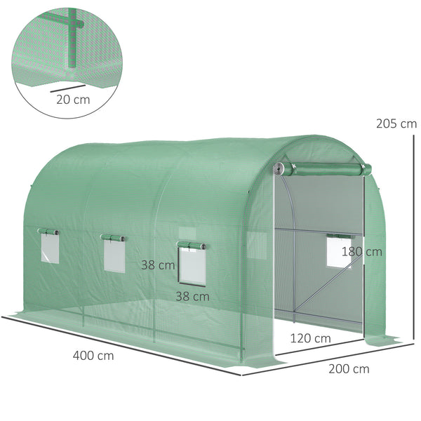 Serre de Jardin Tunnel Surface Sol 8 m² 4L x 2l x 2,05H m châssis Tubulaire renforcé Porte zippée 6 fenêtres enroulables Vert