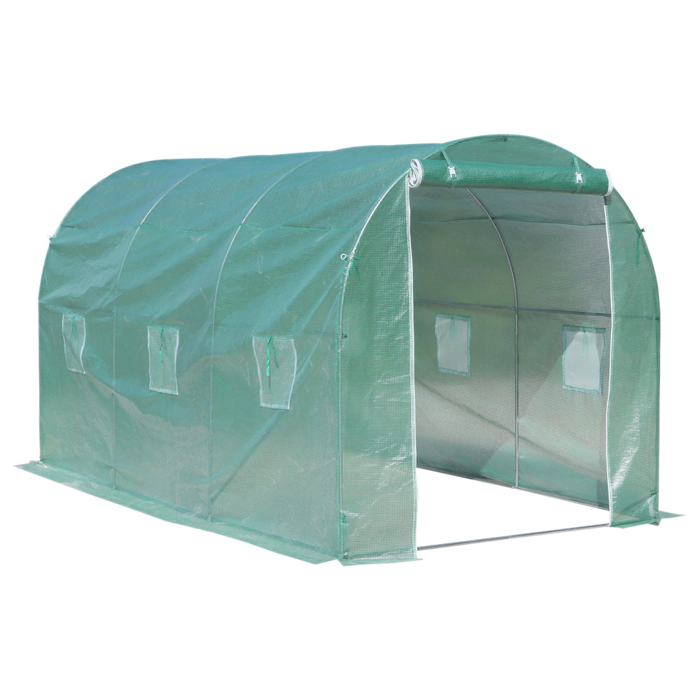 Serre de Jardin Tunnel Surface Sol 8 m² 4L x 2l x 2,05H m châssis Tubulaire renforcé Porte zippée 6 fenêtres enroulables Vert