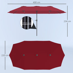 Parasol de jardin extérieur, parasol double rectangulaire 4 x 2,2 x 2,3 m avec ouverture fermeture manivelle, toile 180 g/m² pour balcon, piscine, terrasse, rouge vineux
