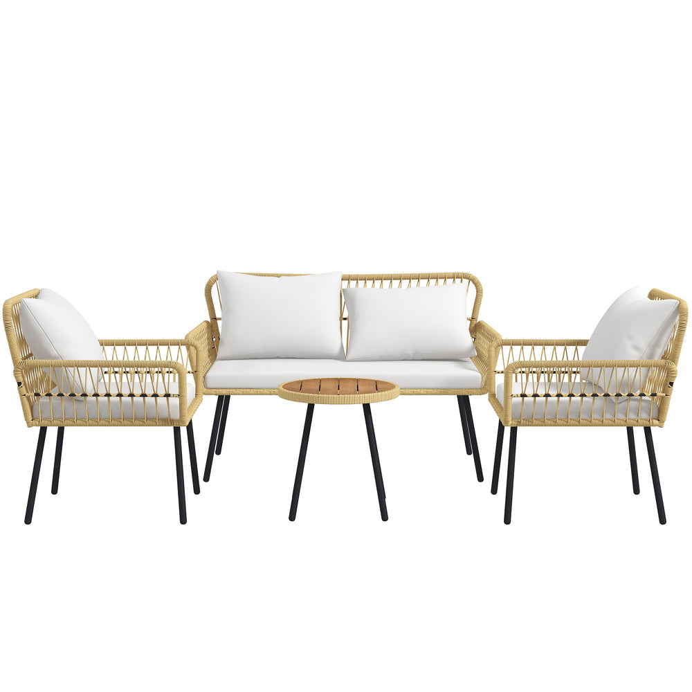 Salon de jardin extérieur 4 pièces mobilier de jardin canapé 2 places 2 fauteuils avec 7 coussins 1 table basse ronde, résine tressée