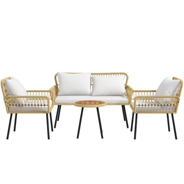 Salon de jardin extérieur 4 pièces mobilier de jardin canapé 2 places 2 fauteuils avec 7 coussins 1 table basse ronde, résine tressée
