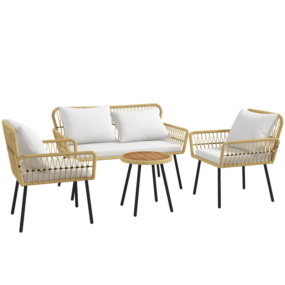 Salon de jardin extérieur 4 pièces mobilier de jardin canapé 2 places 2 fauteuils avec 7 coussins 1 table basse ronde, résine tressée