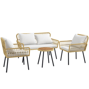 Salon de jardin extérieur 4 pièces mobilier de jardin canapé 2 places 2 fauteuils avec 7 coussins 1 table basse ronde, résine tressée
