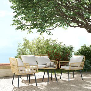 Salon de jardin extérieur 4 pièces mobilier de jardin canapé 2 places 2 fauteuils avec 7 coussins 1 table basse ronde, résine tressée