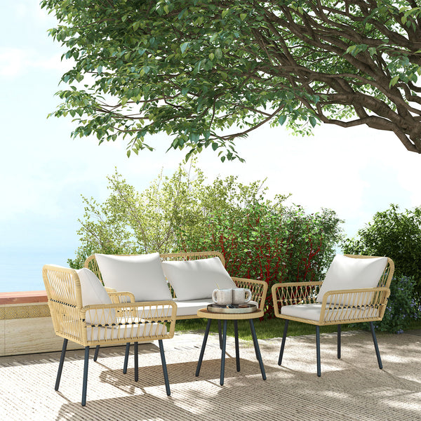 Salon de jardin extérieur 4 pièces mobilier de jardin canapé 2 places 2 fauteuils avec 7 coussins 1 table basse ronde, résine tressée
