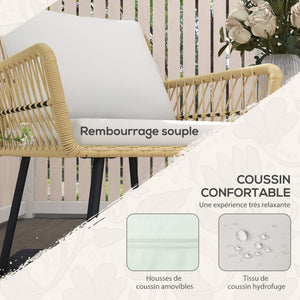 Salon de jardin extérieur 4 pièces mobilier de jardin canapé 2 places 2 fauteuils avec 7 coussins 1 table basse ronde, résine tressée
