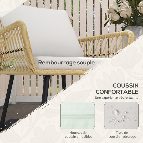 Salon de jardin extérieur 4 pièces mobilier de jardin canapé 2 places 2 fauteuils avec 7 coussins 1 table basse ronde, résine tressée