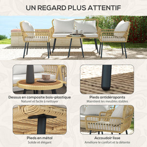 Salon de jardin extérieur 4 pièces mobilier de jardin canapé 2 places 2 fauteuils avec 7 coussins 1 table basse ronde, résine tressée