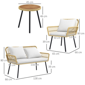 Salon de jardin extérieur 4 pièces mobilier de jardin canapé 2 places 2 fauteuils avec 7 coussins 1 table basse ronde, résine tressée