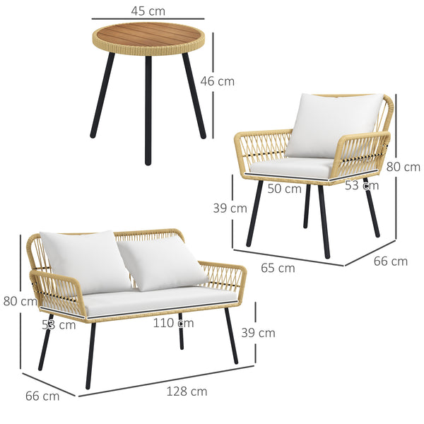 Salon de jardin extérieur 4 pièces mobilier de jardin canapé 2 places 2 fauteuils avec 7 coussins 1 table basse ronde, résine tressée
