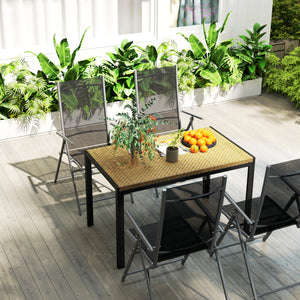 Table de jardin rectangulaire, table de salle à manger 4 personnes en métal et plateau résine tressée PE effet rotin, dim. 120L x 70l x 72H cm beige