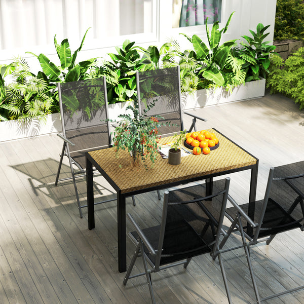 Table de jardin rectangulaire, table de salle à manger 4 personnes en métal et plateau résine tressée PE effet rotin, dim. 120L x 70l x 72H cm beige