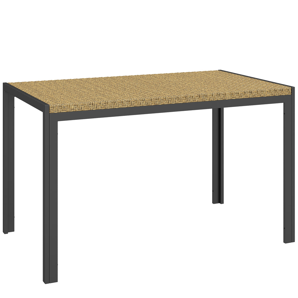 Table de jardin rectangulaire, table de salle à manger 4 personnes en métal et plateau résine tressée PE effet rotin, dim. 120L x 70l x 72H cm beige
