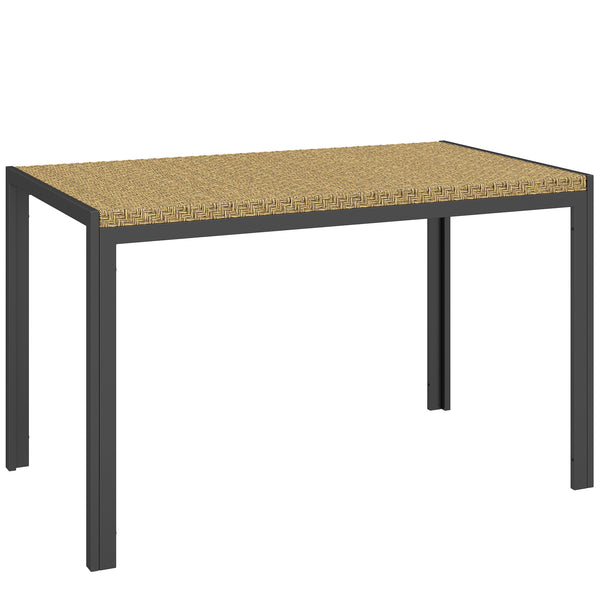 Table de jardin rectangulaire, table de salle à manger 4 personnes en métal et plateau résine tressée PE effet rotin, dim. 120L x 70l x 72H cm beige