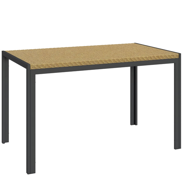 Table de jardin rectangulaire, table de salle à manger 4 personnes en métal et plateau résine tressée PE effet rotin, dim. 120L x 70l x 72H cm beige