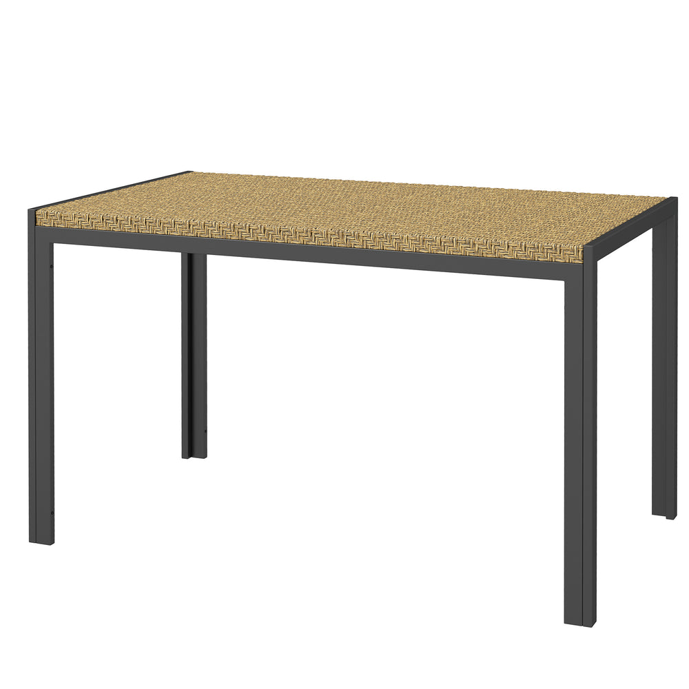 Table de jardin rectangulaire, table de salle à manger 4 personnes en métal et plateau résine tressée PE effet rotin, dim. 120L x 70l x 72H cm beige
