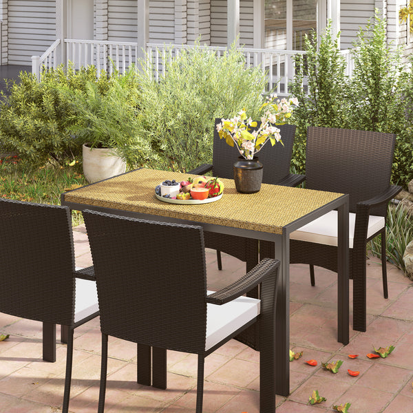 Table de jardin rectangulaire, table de salle à manger 4 personnes en métal et plateau résine tressée PE effet rotin, dim. 120L x 70l x 72H cm beige