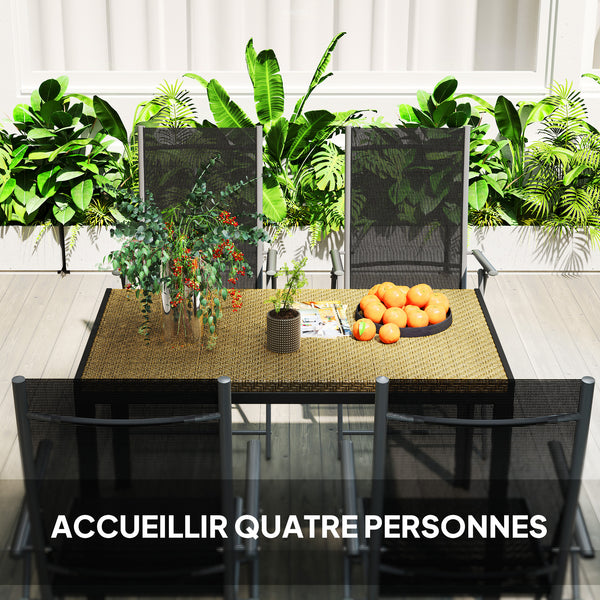 Table de jardin rectangulaire, table de salle à manger 4 personnes en métal et plateau résine tressée PE effet rotin, dim. 120L x 70l x 72H cm beige