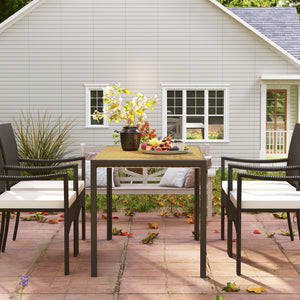 Table de jardin rectangulaire, table de salle à manger 4 personnes en métal et plateau résine tressée PE effet rotin, dim. 120L x 70l x 72H cm beige