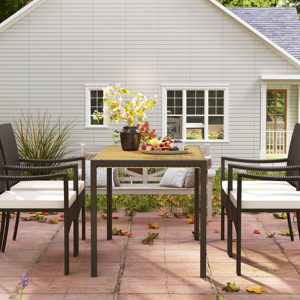 Table de jardin rectangulaire, table de salle à manger 4 personnes en métal et plateau résine tressée PE effet rotin, dim. 120L x 70l x 72H cm beige