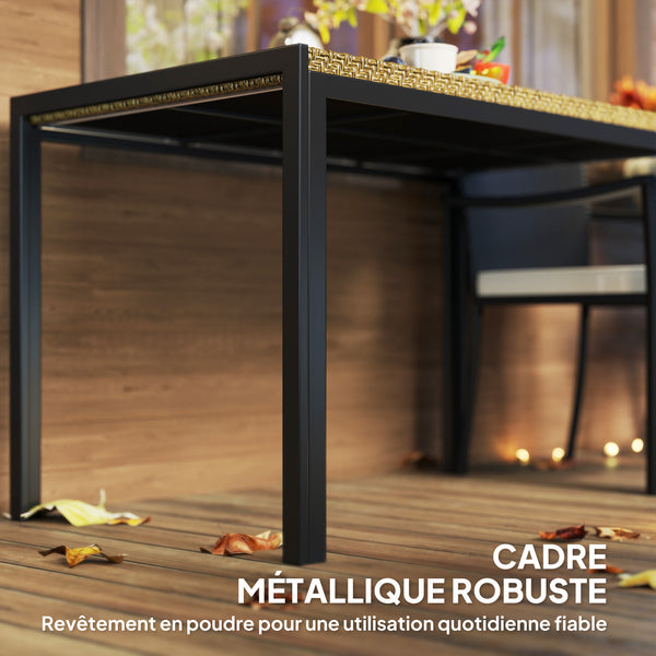 Table de jardin rectangulaire, table de salle à manger 4 personnes en métal et plateau résine tressée PE effet rotin, dim. 120L x 70l x 72H cm beige