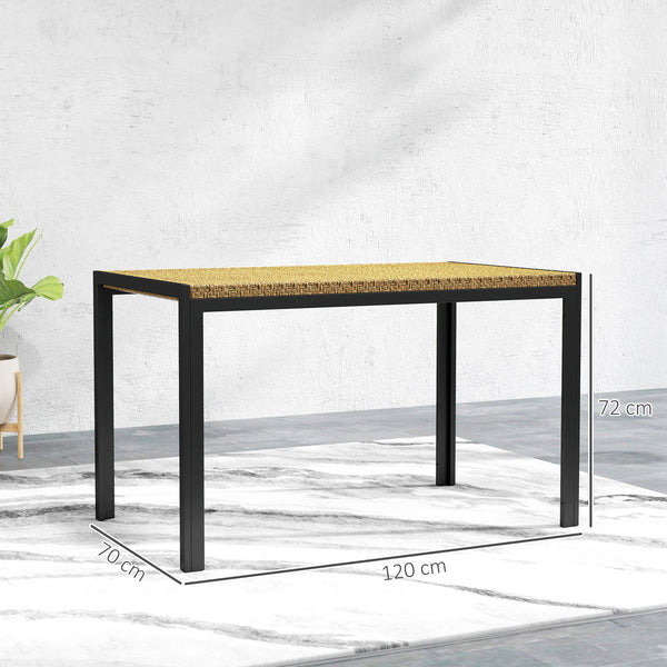 Table de jardin rectangulaire, table de salle à manger 4 personnes en métal et plateau résine tressée PE effet rotin, dim. 120L x 70l x 72H cm beige