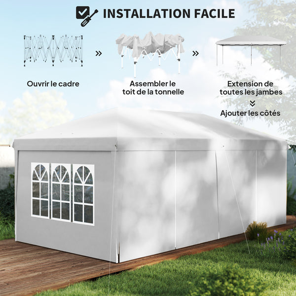 Tonnelle de jardin pliante 6 x 3 m tonnelle de jardin extérieure barnum pliant pop-up imperméabilisé 4 parois latérales amovibles 4 fenêtres + sac de transport blanc