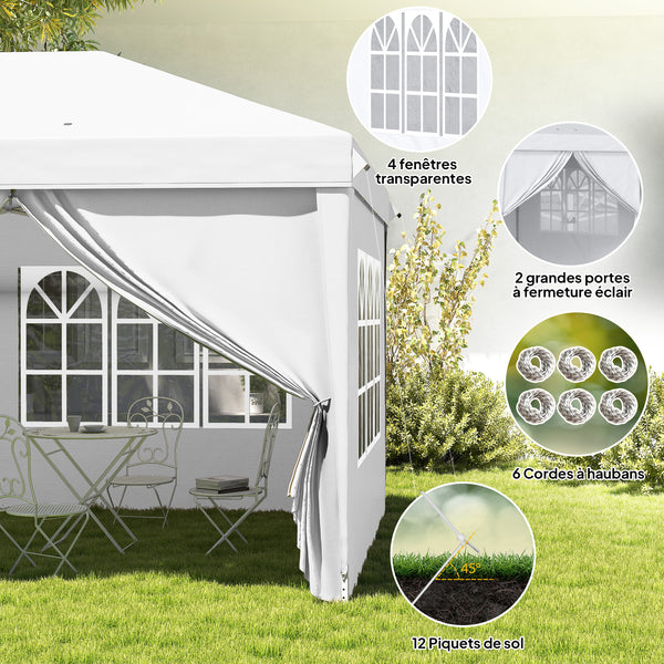 Tonnelle de jardin pliante 6 x 3 m tonnelle de jardin extérieure barnum pliant pop-up imperméabilisé 4 parois latérales amovibles 4 fenêtres + sac de transport blanc