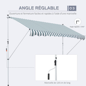 Store banne Manuel rétractable 3L x 1,5l m Auvent Téléscopique sans Perçage Inclinaison et Hauteur réglable Installation Rapide métal alu Polyester Anti-UV vert blanc rayé