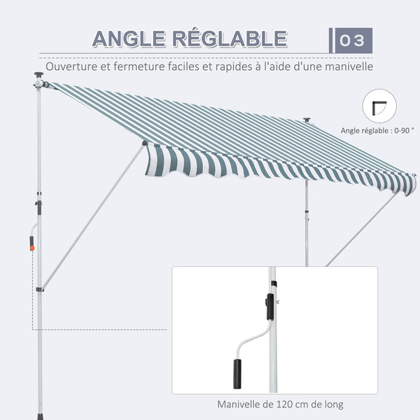 Store banne Manuel rétractable 3L x 1,5l m Auvent Téléscopique sans Perçage Inclinaison et Hauteur réglable Installation Rapide métal alu Polyester Anti-UV vert blanc rayé