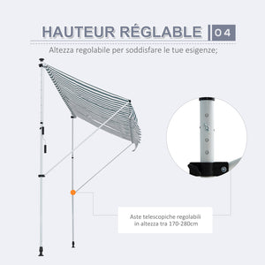 Store banne Manuel rétractable 3L x 1,5l m Auvent Téléscopique sans Perçage Inclinaison et Hauteur réglable Installation Rapide métal alu Polyester Anti-UV vert blanc rayé