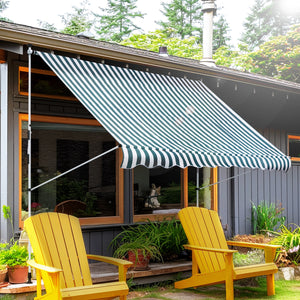 Store banne Manuel rétractable 3L x 1,5l m Auvent Téléscopique sans Perçage Inclinaison et Hauteur réglable Installation Rapide métal alu Polyester Anti-UV vert blanc rayé