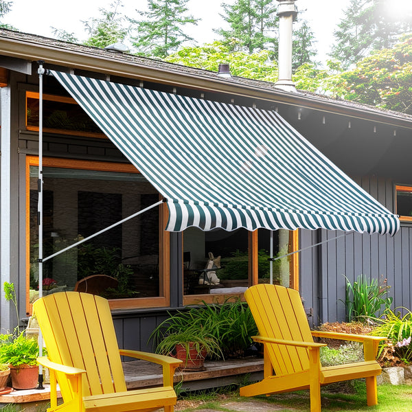 Store banne Manuel rétractable 3L x 1,5l m Auvent Téléscopique sans Perçage Inclinaison et Hauteur réglable Installation Rapide métal alu Polyester Anti-UV vert blanc rayé