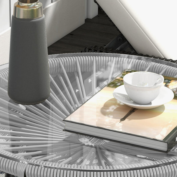 Table basse ronde de jardin en résine aspect rotin métal et plateau verre trempé Ø 50 x 50 cm gris
