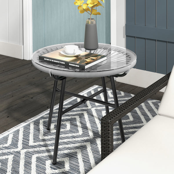 Table basse ronde de jardin en résine aspect rotin métal et plateau verre trempé Ø 50 x 50 cm gris
