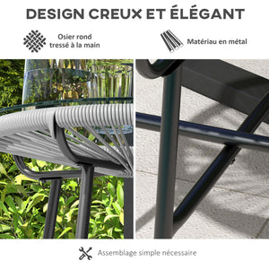 Table basse ronde de jardin en résine aspect rotin métal et plateau verre trempé Ø 50 x 50 cm gris