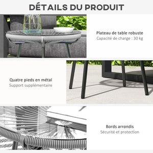 Table basse ronde de jardin en résine aspect rotin métal et plateau verre trempé Ø 50 x 50 cm gris