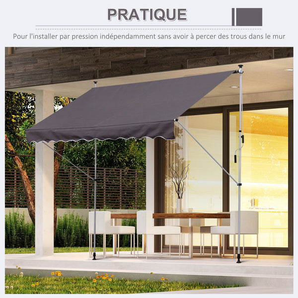 Store banne Manuel rétractable 3L x 1,5l m Auvent Téléscopique sans Perçage Inclinaison et Hauteur réglable Installation Rapide métal alu Polyester Anti-UV Gris
