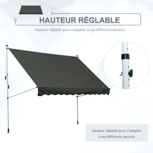 Store banne Manuel rétractable 3L x 1,5l m Auvent Téléscopique sans Perçage Inclinaison et Hauteur réglable Installation Rapide métal alu Polyester Anti-UV Gris
