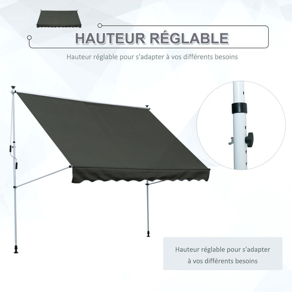 Store banne Manuel rétractable 3L x 1,5l m Auvent Téléscopique sans Perçage Inclinaison et Hauteur réglable Installation Rapide métal alu Polyester Anti-UV Gris